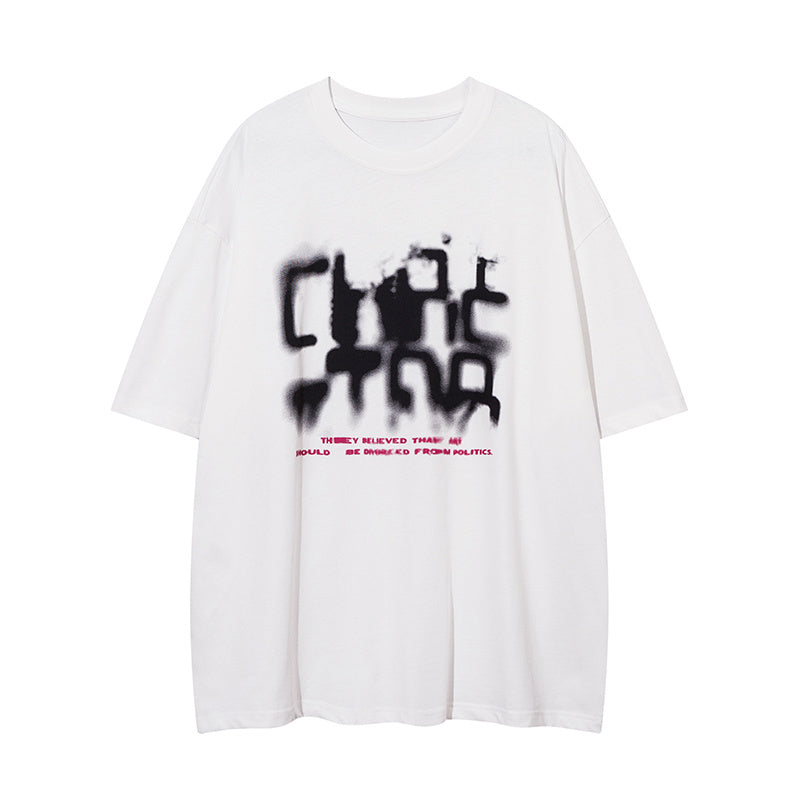 Abstract Letter Print Streetwear T Shirt Short Sleeve Round Neck Summer Cotton Loose Casual Simple Trendy Tee