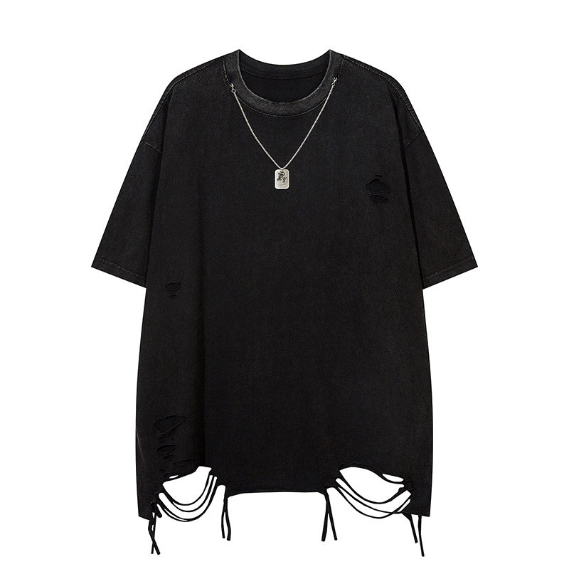 Cotton Crew Neck Summer Fashion Streetwear Tee Loose Casual High Quality Short Sleeve Simple Ripped Design