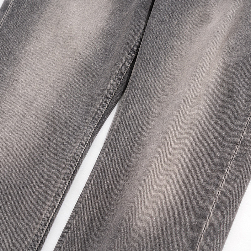 Men's And Women's Urban Style Cement Grey Cow Trousers Straight Slim-Fit Jeans
