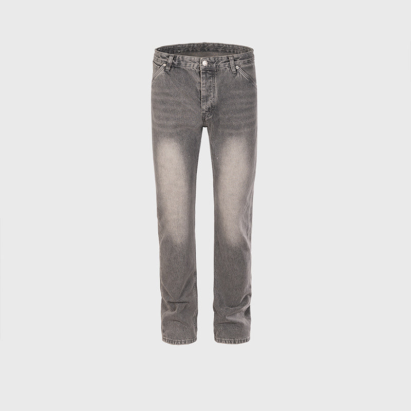 Men's And Women's Urban Style Cement Grey Cow Trousers Straight Slim-Fit Jeans
