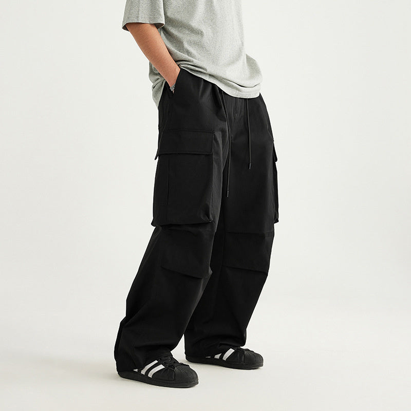 Spring And Summer New Arrival Large Pocket Parachute Wide Leg Pants Herringbone Pattern Casual Trousers Men's Overalls Pants
