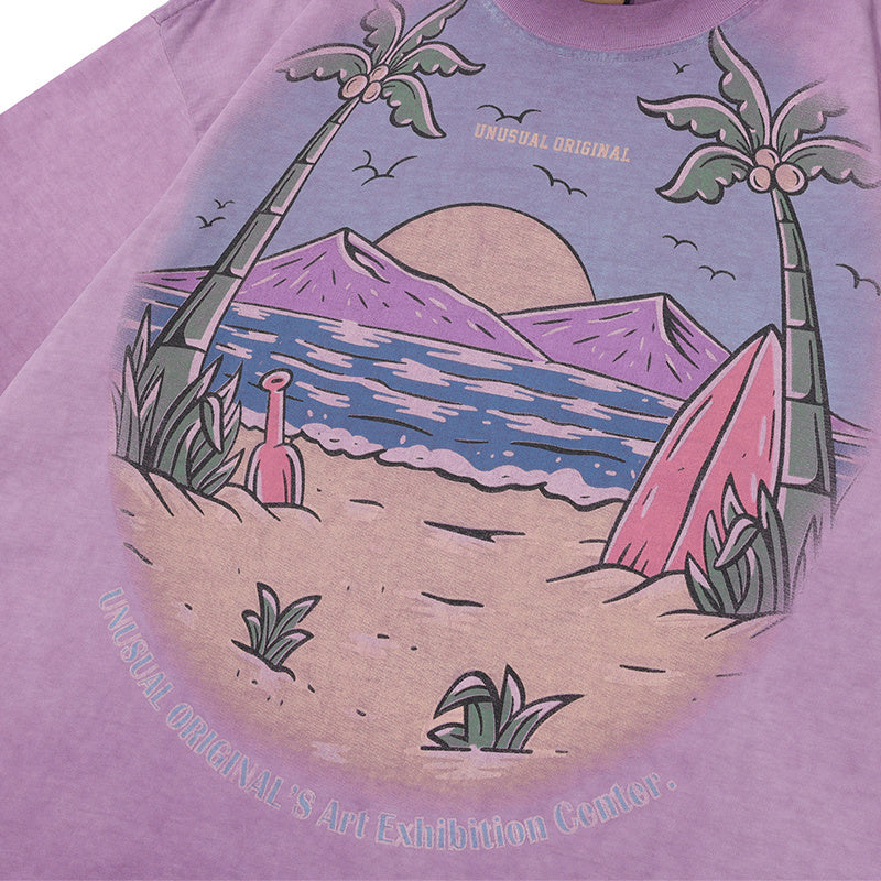 Retro Beach Print T Shirt Oversize Tees Fashion Casual Top Short Sleeve Streetwear Pure Cotton Loose Summer