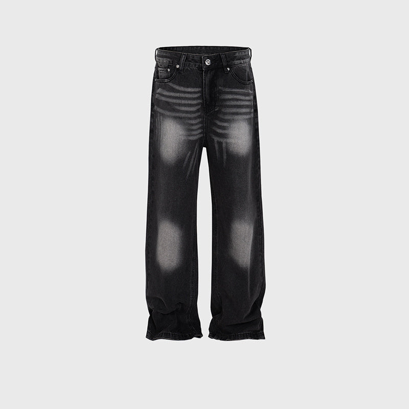 Men's Women's Wash-up Laser Textured Pants Unisex Straight Slim High Street Trendy Jeans