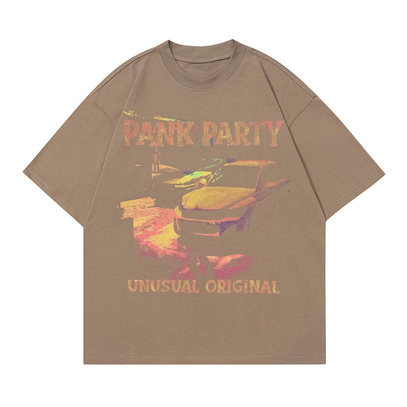 Car Print T Shirt American Retro Loose Summer Streetwear Short Sleeve Fashion Casual Top
