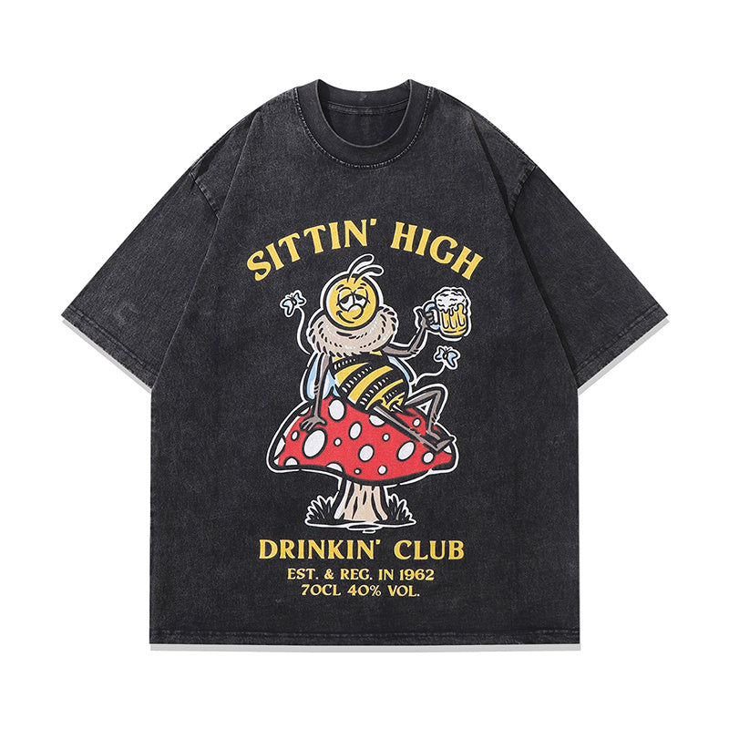 Vintage T Shirts Washed Loose Cotton Fashion Funny Bee Print Tee Casual Streetwear Round Neck Summer Short Sleeve
