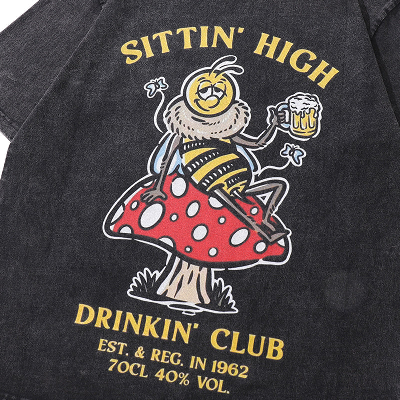 Vintage T Shirts Washed Loose Cotton Fashion Funny Bee Print Tee Casual Streetwear Round Neck Summer Short Sleeve