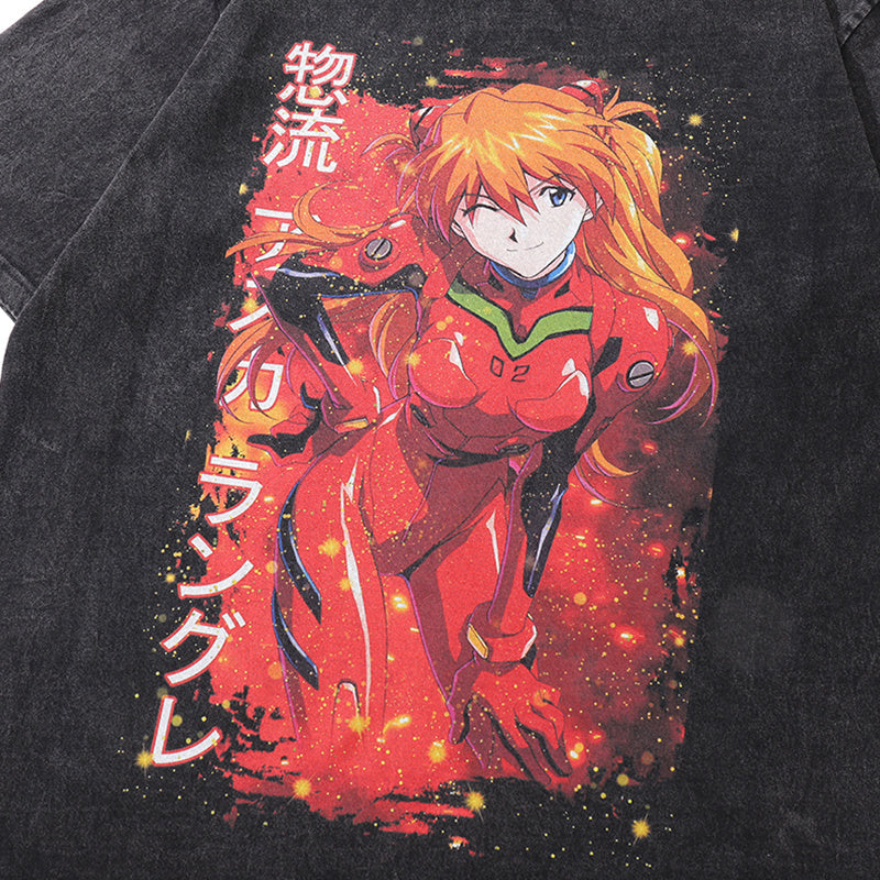Streetwear T Shirts Vintage Cotton Washed Loose Anime Character Print Tee Short Sleeve Casual O Neck Summer Trendy