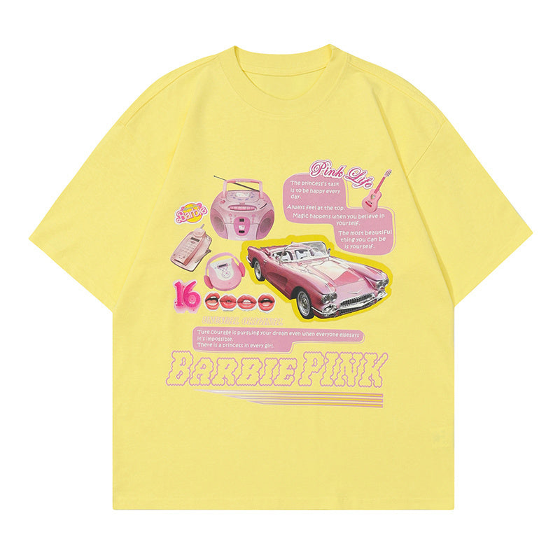 Car Phone Print T Shirt Oversize Tees Fashion Casual Streetwear Pure Cotton Top Short Sleeve Loose Summer