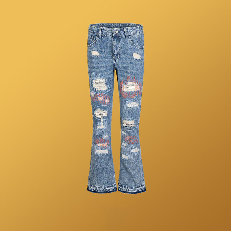 Men's And Women's Micro Trousers Men's And Women's Patch Ripped Washed Old Cat's Broad Jeans Trendy