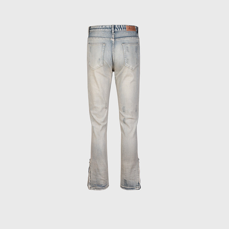 Men's And Women's Autumn And Winter Urban Slim-fit Old Worm Bite Wear Trousers Wide-legged Zipper Washable Denim Trendy