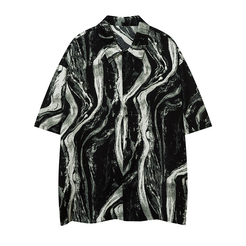Streetwear Island Print Shirts Casual Summer Tops Outwear Short Sleeve High Quality Fashion Loose Comfortable Button