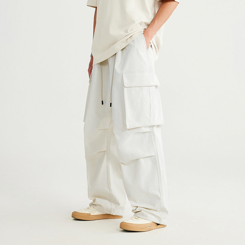 Spring And Summer New Arrival Large Pocket Parachute Wide Leg Pants Herringbone Pattern Casual Trousers Men's Overalls Pants