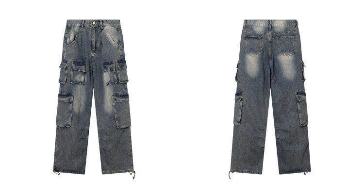 American Style Retro Puppies Handsome Hip-Hop Multi-Pocket Overalls Trendy Loose Straight-Leg Jeans For Men And Women
