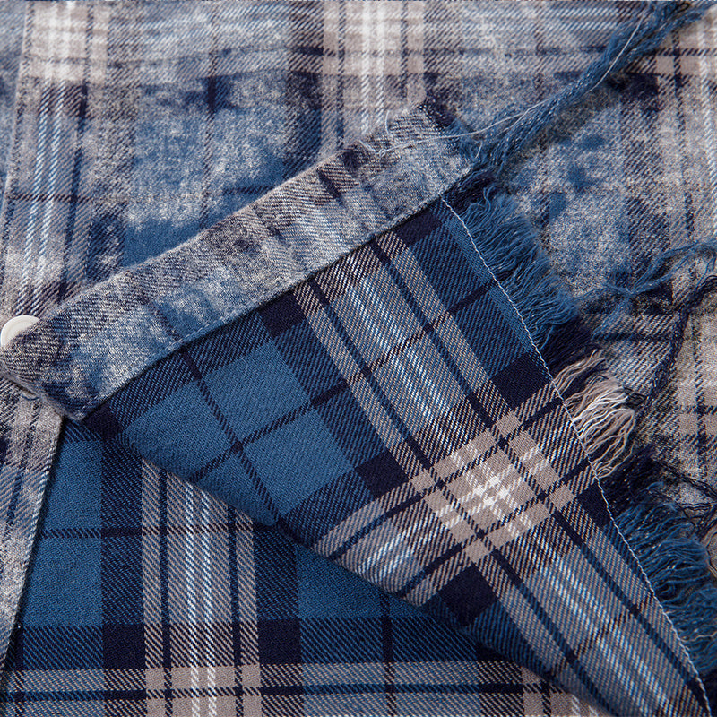 Vintage Plaid Polo Tassel Streetwear Short Sleeve Summer Casual Fashion Lapel Simple Blue