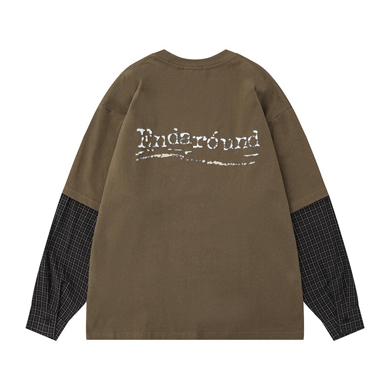 Letter Print Streetwear Round Neck Plaid Patchwork Oversize T Shirts Long Sleeve Casual Summer Cotton