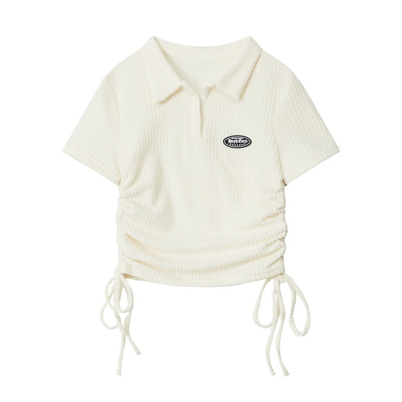 Age-reducing Korean Style College Style Polo Collar T-shirt Women's Summer Niche Drawstring Hot Girl Short Top Trendy