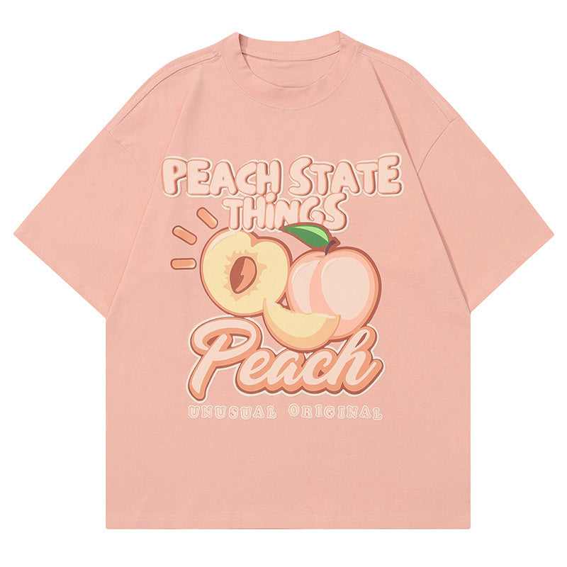 Peach Print T Shirt Short Sleeve Streetwear Pure Cotton Loose Summer Oversize Tees Fashion Casual Top