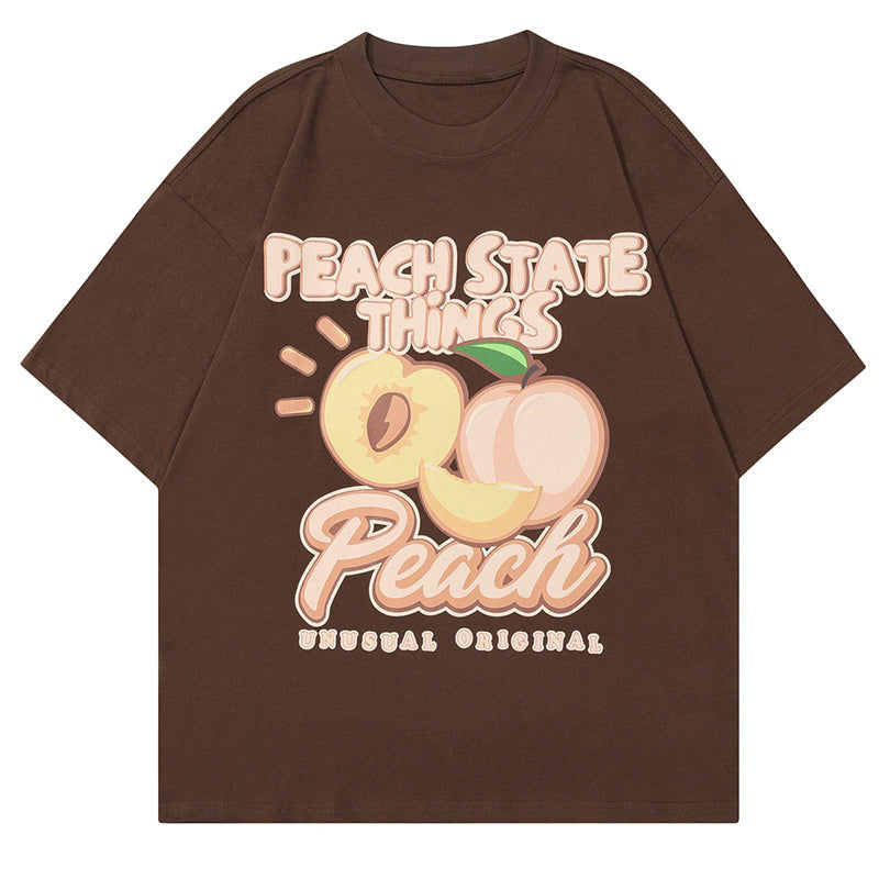 Peach Print T Shirt Short Sleeve Streetwear Pure Cotton Loose Summer Oversize Tees Fashion Casual Top