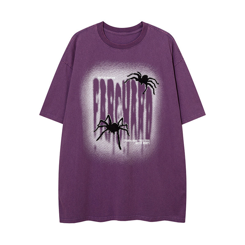 Cotton Spider Pattern Round Neck Summer Fashion Streetwear Tee Loose Casual Short Sleeve High Quality Washed