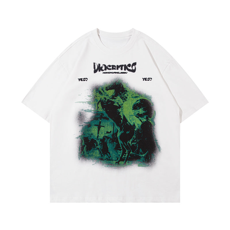 Retro Streetwear T Shirt Horse Print Crew Neck Short Sleeve Summer Fashion Tee Simple Loose Cotton Casual