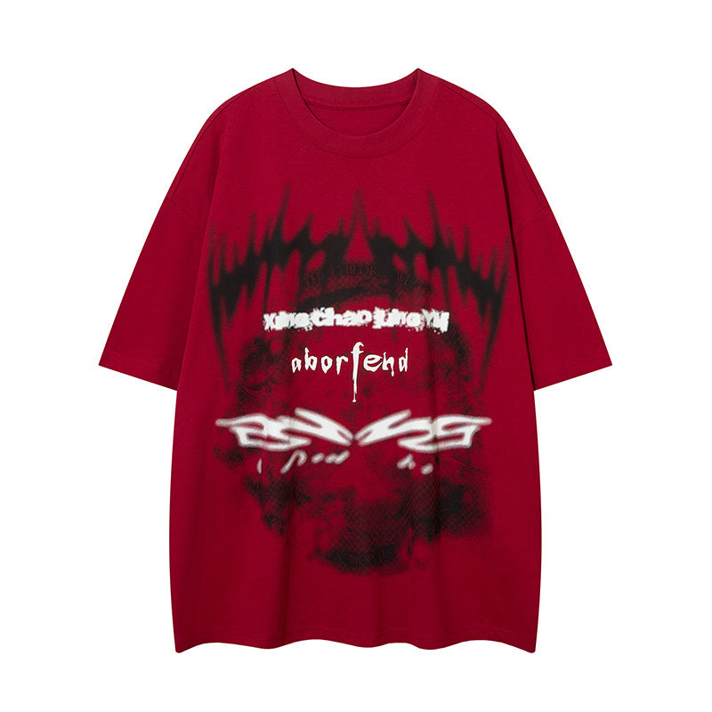 Ghost Print Streetwear T Shirt Short Sleeve Round Neck Summer Cotton Tee Loose Casual Simple Trendy