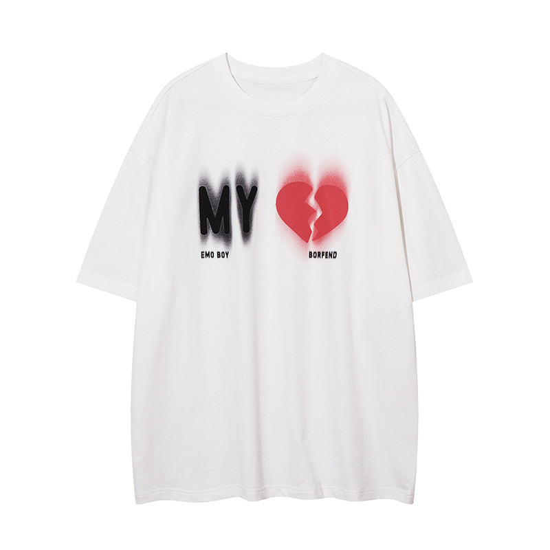Broken Heart Print Streetwear T Shirt Short Sleeve Round Neck Summer Cotton Loose Casual Trendy Tee Simple