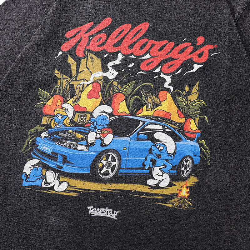 Vintage T Shirts Washed Loose Cotton Fashion Classic Anime Print Tee Casual Streetwear Round Neck Summer Short Sleeve
