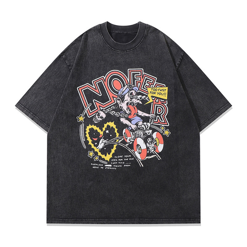 Streetwear T Shirts Vintage Cotton Washed Loose Cartoon Graphic Print Tee Short Sleeve Casual O Neck Summer Trendy