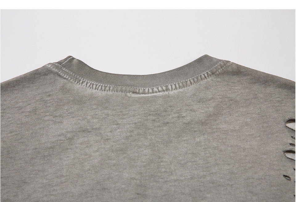Cotton Crew Neck Summer Fashion Streetwear Tee Loose Casual High Quality Short Sleeve Simple Ripped Design