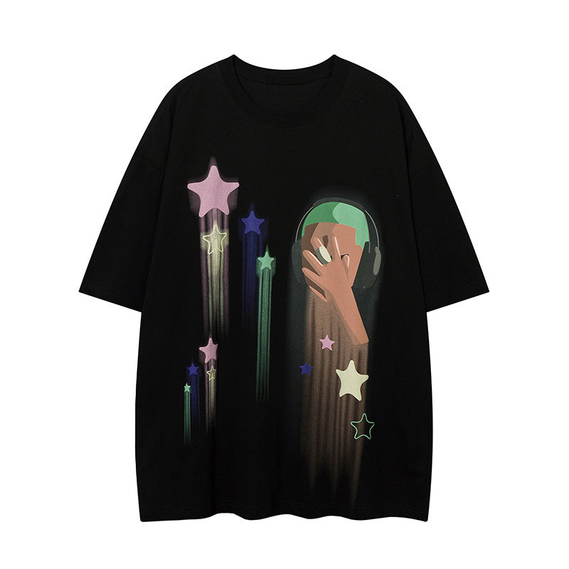 Streetwear Star Graphic Print T Shirt Short Sleeve Round Neck Summer Cotton Loose Casual Fashion Tee Simple