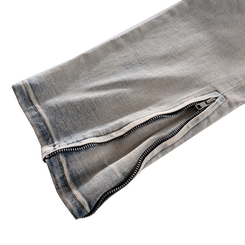 Men's And Women's Autumn And Winter Urban Slim-fit Old Worm Bite Wear Trousers Wide-legged Zipper Washable Denim Trendy