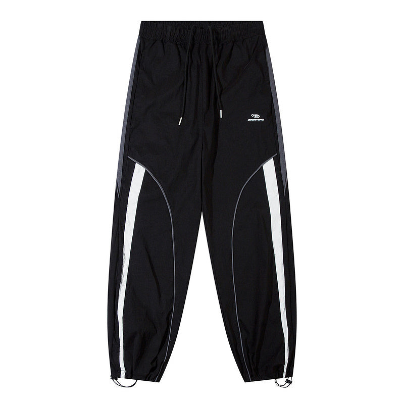 Color Contrast Pants Paneled Drawstring Elastic Waist Loose Wide Leg Trousers Front Pocket Comfortable Autumn