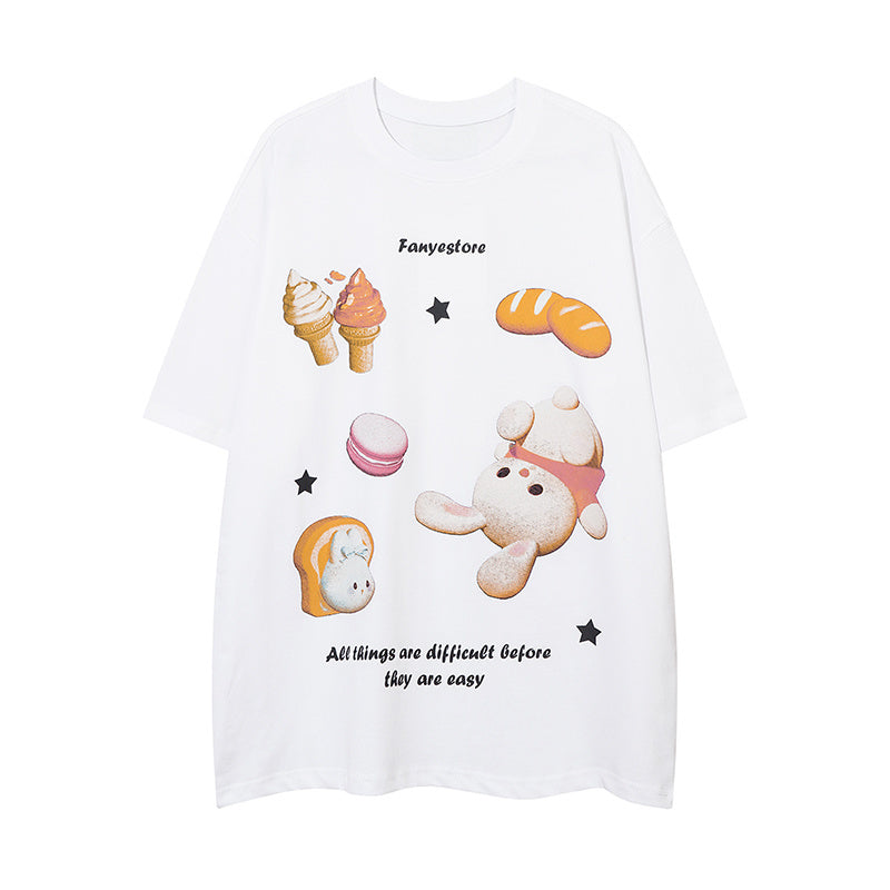 Cotton Food Pattern Round Neck Summer Trendy Streetwear Tee Loose Casual Short Sleeve High Quality