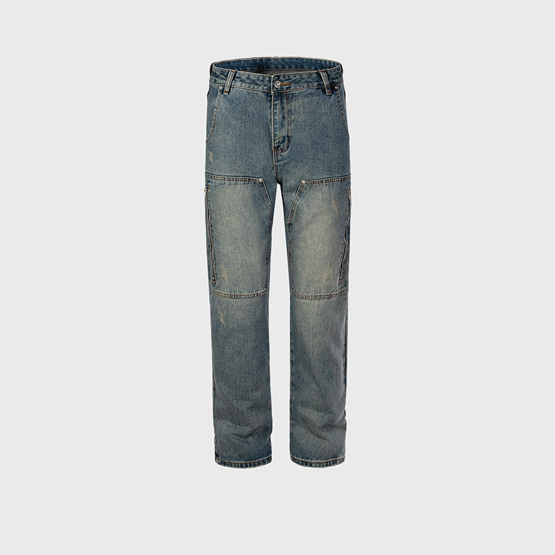 Men's And Women's Urban Zipper Decorative Stitching Pants Men's And Women's Washable Old Blue Jeans