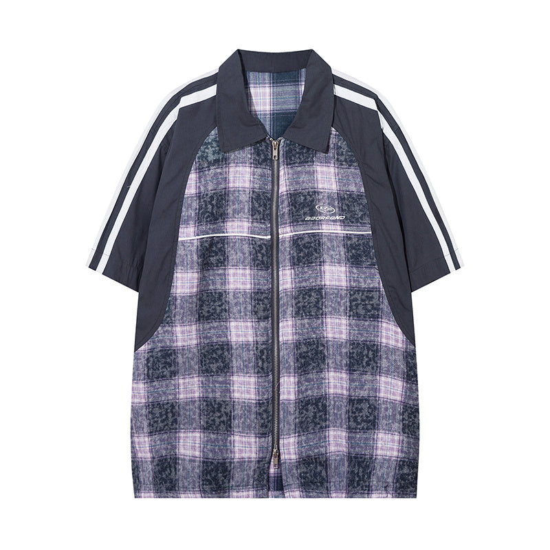 Patchwork Plaid Polo Color Contrast Paneled Streetwear Short Sleeve Summer Casual Fashion Lapel Zipper