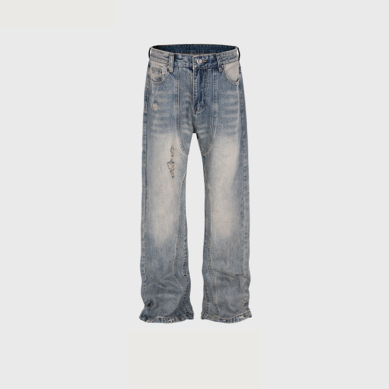 Men's And Women's Deconstructed Stitching Trousers Men's And Women's Same Tearing Holes Wash Water Grinding Straight Trendy Jeans