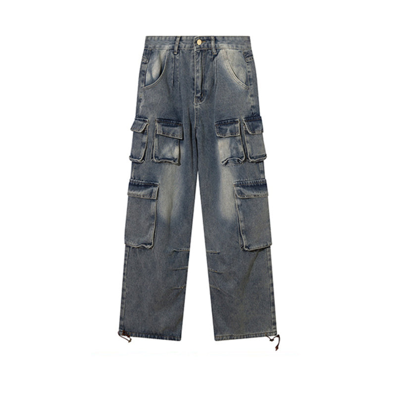 American Style Retro Puppies Handsome Hip-Hop Multi-Pocket Overalls Trendy Loose Straight-Leg Jeans For Men And Women