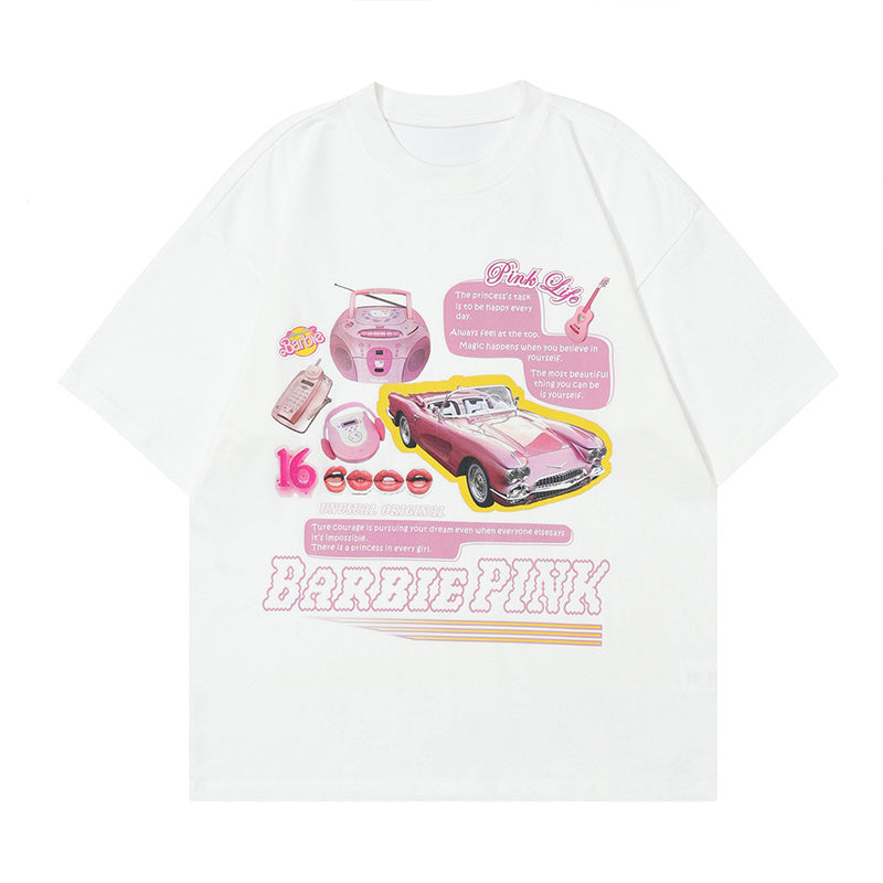 Car Phone Print T Shirt Oversize Tees Fashion Casual Streetwear Pure Cotton Top Short Sleeve Loose Summer
