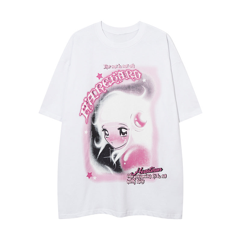 T Shirts Cartoon Girl Pattern Fashion Streetwear Tee O Neck Oversize Summer Cotton High Quality Short Sleeve Casual Simple