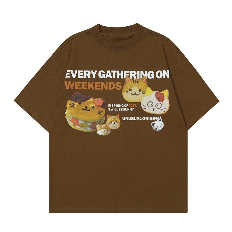 Cat Shape Cake Print T Shirt Oversize Tees Fashion Casual Streetwear Pure Cotton Top Short Sleeve Loose Summer