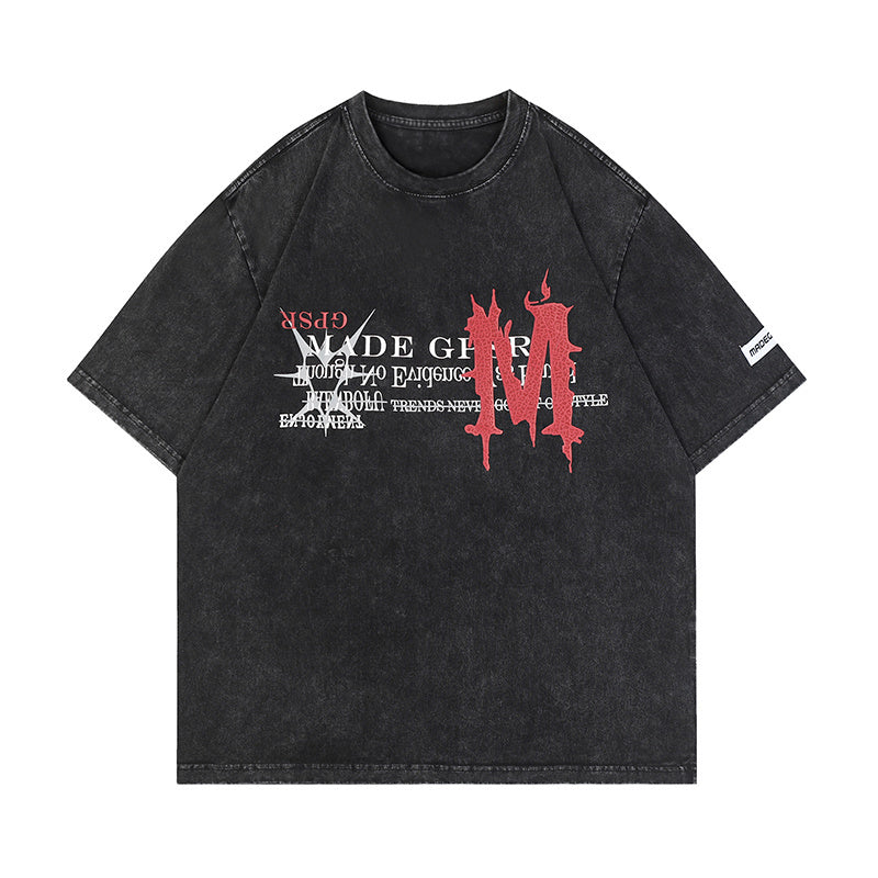 Letter Print Streetwear T Shirts Oversize Washed Loose Short Sleeve Harajuku Cotton Tee Casual Solid Color Simple Design
