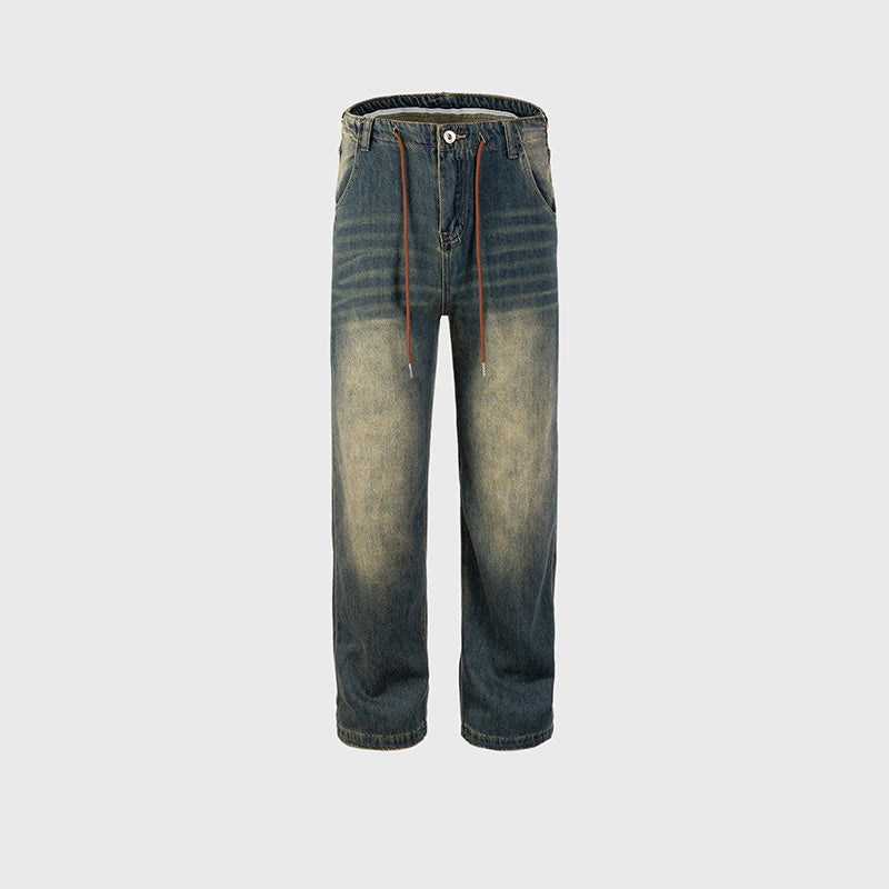 Men's Wear Women's Urban Wash Old Pants Men's And Women's Same Style White Grinding Drawstring Blue Fashionable Jeans Multi-size