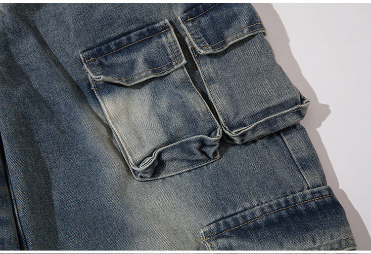 American Style Retro Puppies Handsome Hip-Hop Multi-Pocket Overalls Trendy Loose Straight-Leg Jeans For Men And Women