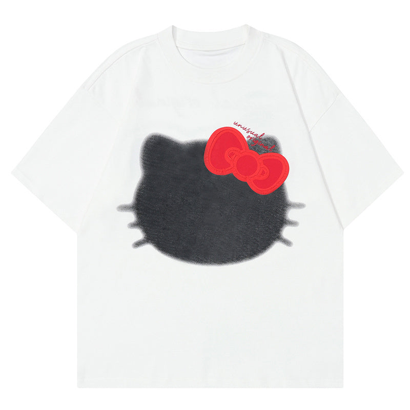 Cartoon Cat Print T Shirt Short Sleeve Pure Cotton Loose Summer Streetwear Oversize Tees Fashion Casual Top