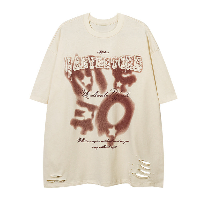 Retro Streetwear T Shirt Letter Print Crew Neck Short Sleeve Summer Fashion Tee Simple Loose Cotton Casual Hole