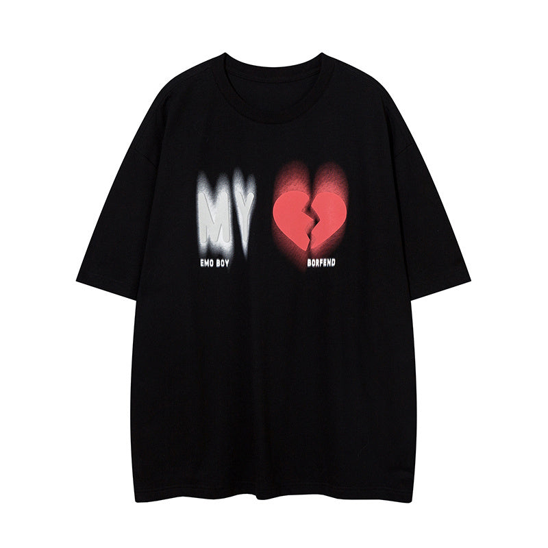 Broken Heart Print Streetwear T Shirt Short Sleeve Round Neck Summer Cotton Loose Casual Trendy Tee Simple