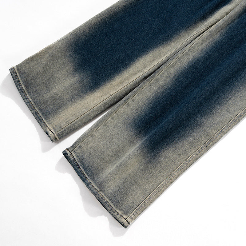 Women's Clothing Men's Urban Washed Old Pants Men's And Women's Same-style Contrast Color Gradient Stitching Straight-leg Jeans Trendy