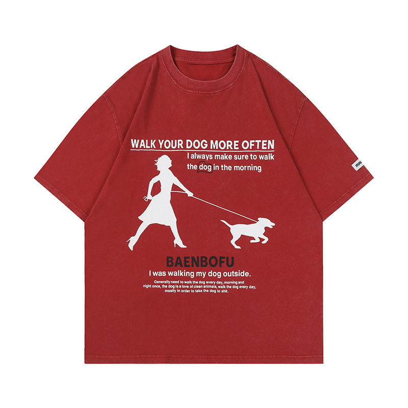 Girl and Cat Print Streetwear T Shirts Oversize Washed Loose Short Sleeve Harajuku Cotton Tee Casual Solid Color