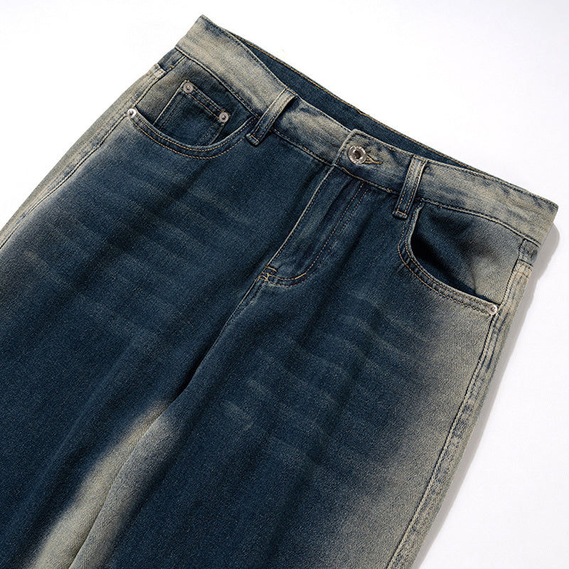 Women's Clothing Men's Urban Washed Old Pants Men's And Women's Same-style Contrast Color Gradient Stitching Straight-leg Jeans Trendy