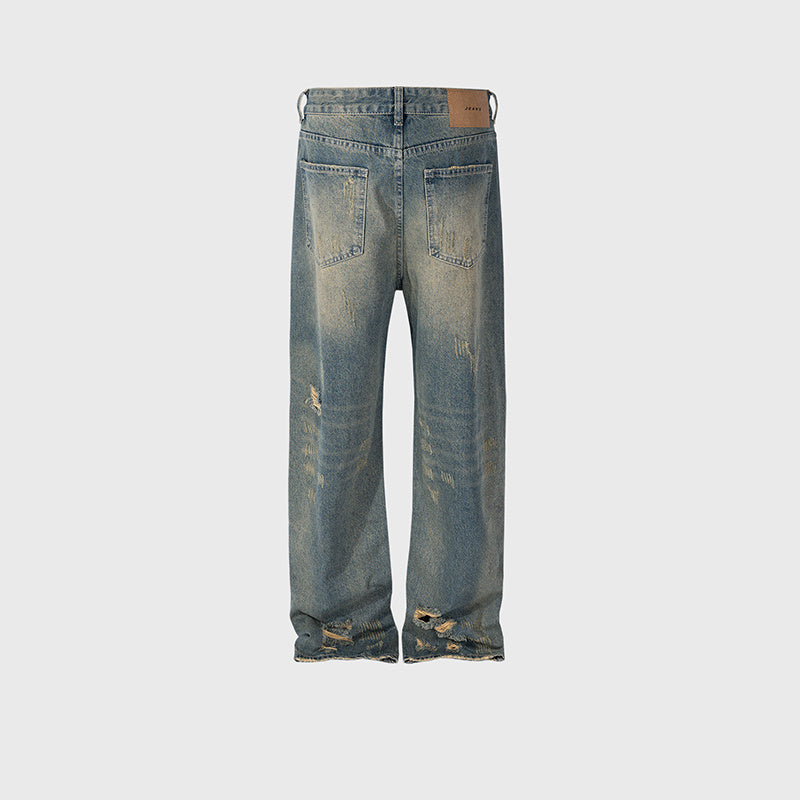 Men's And Women's Insect Bite Cat's Claw Destruction Trousers Men's And Women's Straight Tube Washing Water Old Blue High Street Jeans